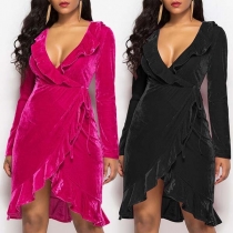 Sexy Deep V-neck Long Sleeve Irregular Hem Ruffle Dress