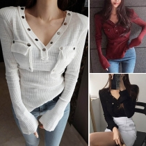 Fashion Solid Color Long Sleeve V-neck Slim Fit T-shirt 