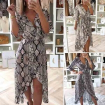 Sexy V-neck Half Sleeve Irregular Rufle Hem Serpentine Printed Dress