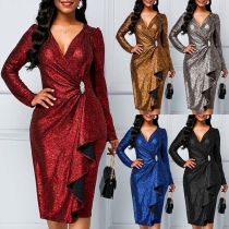 Sexy V-neck Long Sleeve Ruffle Party Dress