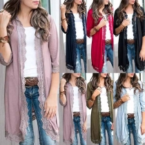 Fashion Solid Color Half Sleeve Lace Spliced Cardigan 
