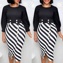 Fashion Striped Spliced Slit Hem High Waist Dress