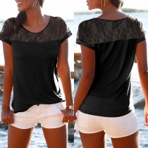 Fashion Lace Spliced Short Sleeve Round Neck T-shirt 