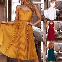 Sexy Backless V-neck Ruffle Sling Pleated Dress
