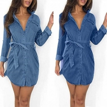 Fashion Long Sleeve POLO Collar Denim Shirt with Waist Strap