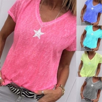 Fashion Short Sleeve V-neck Pentagram Printed T-shirt