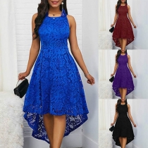 Elegant Solid Color Sleeveless Round Neck High-low Hem Lace Dress