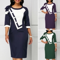 OL Style 3/4 Sleeve Round Neck Contrast Color Slim Fit Dress