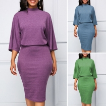 Fashion Solid Color 3/4 Sleeve Round Neck Slim Fit Dress