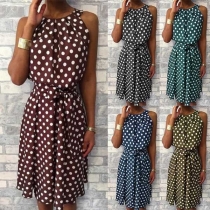 Fashion Sleeveless Round Neck Dots Printed Dress