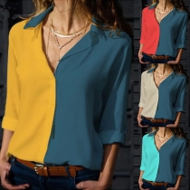 Fashion Contrast Color Long Sleeve V-neck Blouse