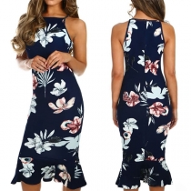 Sexy Ruffle Hem Slim Fit Printed Sling Dress