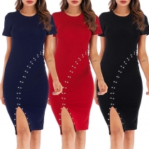Elegant Solid Color Short Sleeve Round Neck Slit Hem Beaded Dress