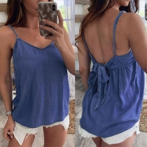 Sexy Bowknot Backless V-neck Solid Color Cami Top 