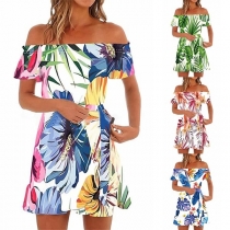 Sexy Off-shoulder Boat Neck Short Sleeve Printed Dress