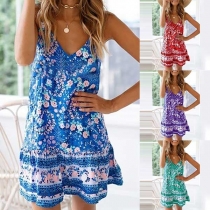 Bohemian Style Backless V-neck Printed Sling Dress