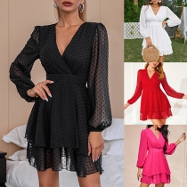 Sexy Deep V-neck Trumpet Sleeve Ruffle Hem Dots Printed Dress