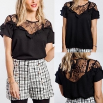 Sexy See-through Lace Spliced Short Sleeve Ruffle Top