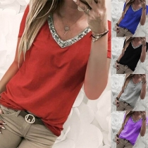 Fashion Sequin Spliced Short Sleeve V-neck T-shirt