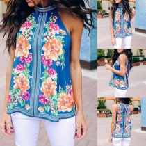 Fashion Sleeveless Lace-up Bowknot Printed Top 