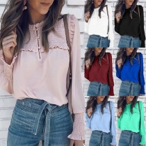 Sweet Style Long Sleeve Round Neck Solid Color Wrinkled Blouse