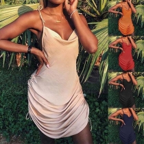 Sexy Backless Solid Color Wrinkled Sling Dress