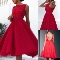 Sexy Backless Sleeveless Round Neck Lace Spliced Dress