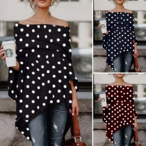 Sexy Off-shoulder Boat Neck High-low Hem Dots Printed Top 