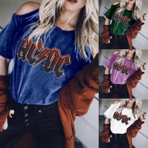 Sexy Off-shoulder Short Sleeve Letters Printed T-shirt 