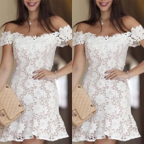 Sexy Off-shoulder Boat Neck Ruffle Hem Slim Fit Lace Dress