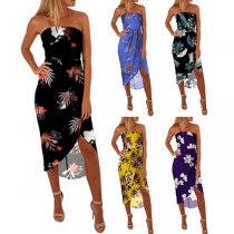 Sexy Strapless Irregular Hem Slim Fit Printed Chiffon Dress