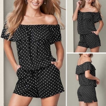 Sexy Off-shoulder Boat Neck Short Sleeve Dots Printed Romper 