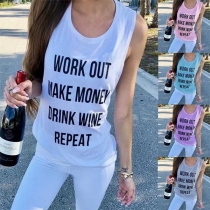 Fashion Letters Printed Round Neck Casual Tank Top