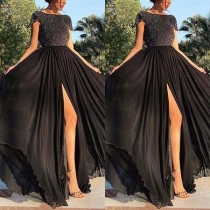 Sexy Slit Hem Short Sleeve High Waist Shinning Dress