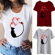 Cute Cat Printed Short Sleeve Round Neck T-shirt 
