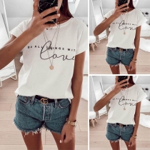 Fashion Letters Printed Short Sleeve Round Neck T-shirt 
