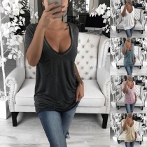 Sexy V-neck Short Sleeve Solid Color Loose T-shirt 