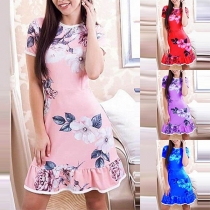 Sweet Style Short Sleeve Round Neck Ruffle Hem Printed Dress