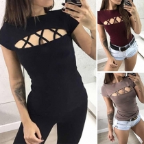Sexy Hollow Out Short Sleeve Solid Color T-shirt 