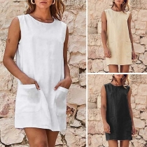 Fashion Solid Color Sleeveless Round Neck Front-pocket Dress