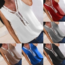 Fashion Sequin Spliced Sleeveless V-neck Top
