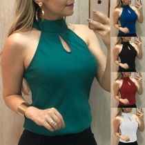 Sexy Off-shoulder Mock Neck Solid Color Chiffon Top 