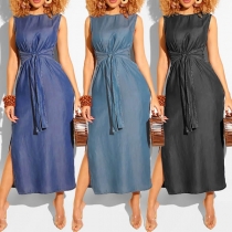Fashion Sleeveless Round Neck Slit Hem Denim Dress