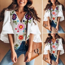 Sexy V-neck Trumpet Sleeve Printed Top 