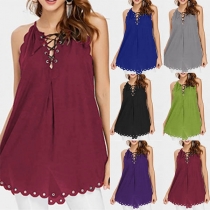 Fashion Solid Color Lace-up V-neck Hollow Out Hem Sling Top 