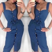 Sexy Backless Front-button Slim Fit Sling Denim Dress