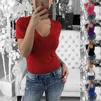 Fashion Solid Color Short Sleeve V-neck Slim Fit T-shirt