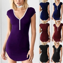 Fashion Short Sleeve V-neck Arc Hem Slim Fit Mini Short Dress