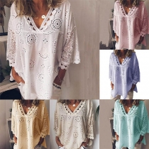 Sexy Half Sleeve V-neck Irregular Hem Hollow Out Top 