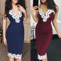Sexy Backless V-neck Lace Spliced Slim Fit Sling Dress